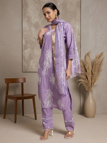 Lavender Floral Embroidered Roman Silk Kurta Pant Dupatta Set