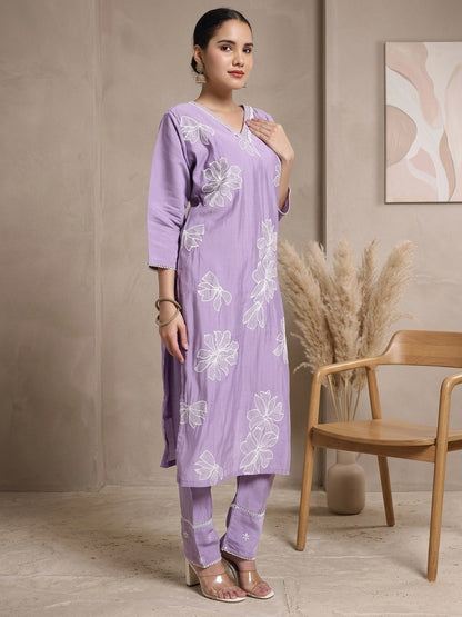 Lavender Floral Embroidered Roman Silk Kurta Pant Dupatta Set