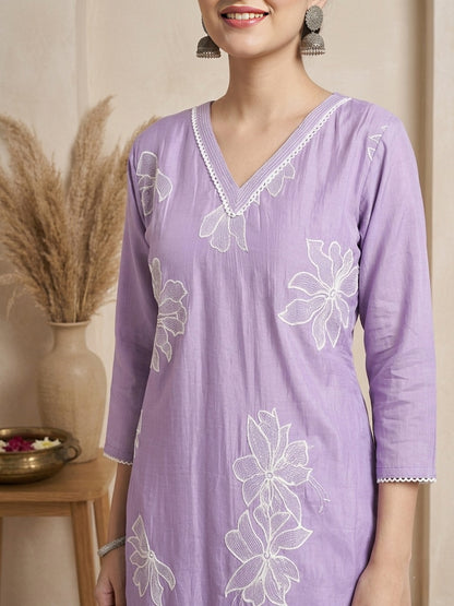 Lavender Floral Embroidered Roman Silk Kurta Pant Dupatta Set