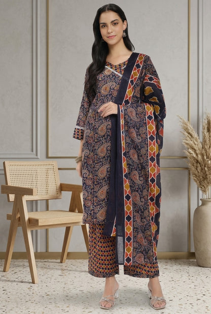 Navy Blue & Brown Cotton Printed Kurta Pant Dupatta Set