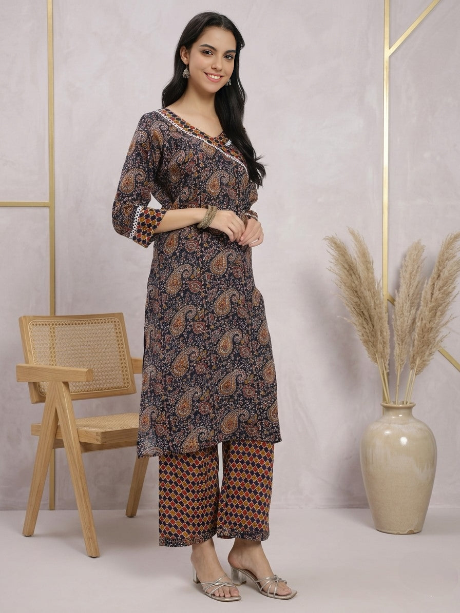 Navy Blue & Brown Cotton Printed Kurta Pant Dupatta Set