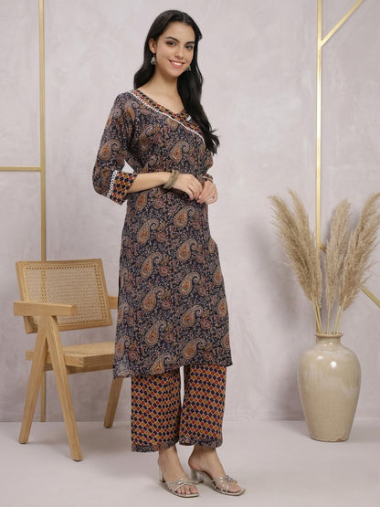 Navy Blue & Brown Cotton Printed Kurta Pant Dupatta Set