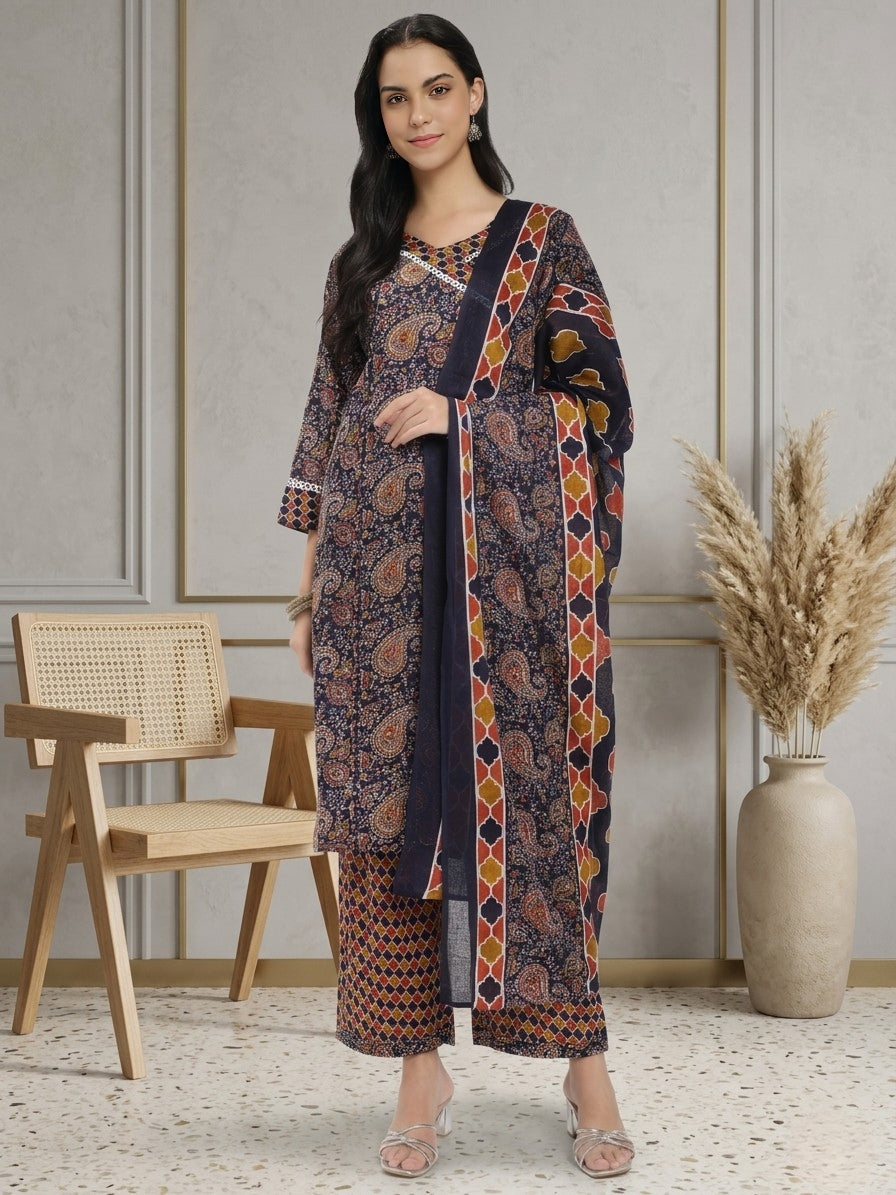 Navy Blue & Brown Cotton Printed Kurta Pant Dupatta Set