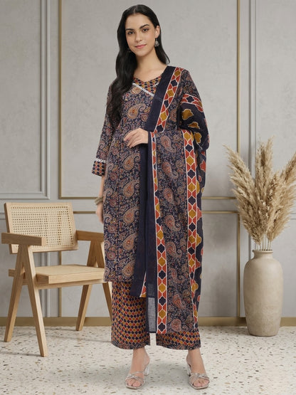 Navy Blue & Brown Cotton Printed Kurta Pant Dupatta Set