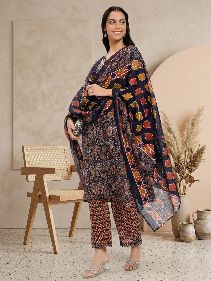 Navy Blue & Brown Cotton Printed Kurta Pant Dupatta Set