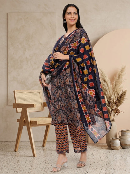 Navy Blue & Brown Cotton Printed Kurta Pant Dupatta Set