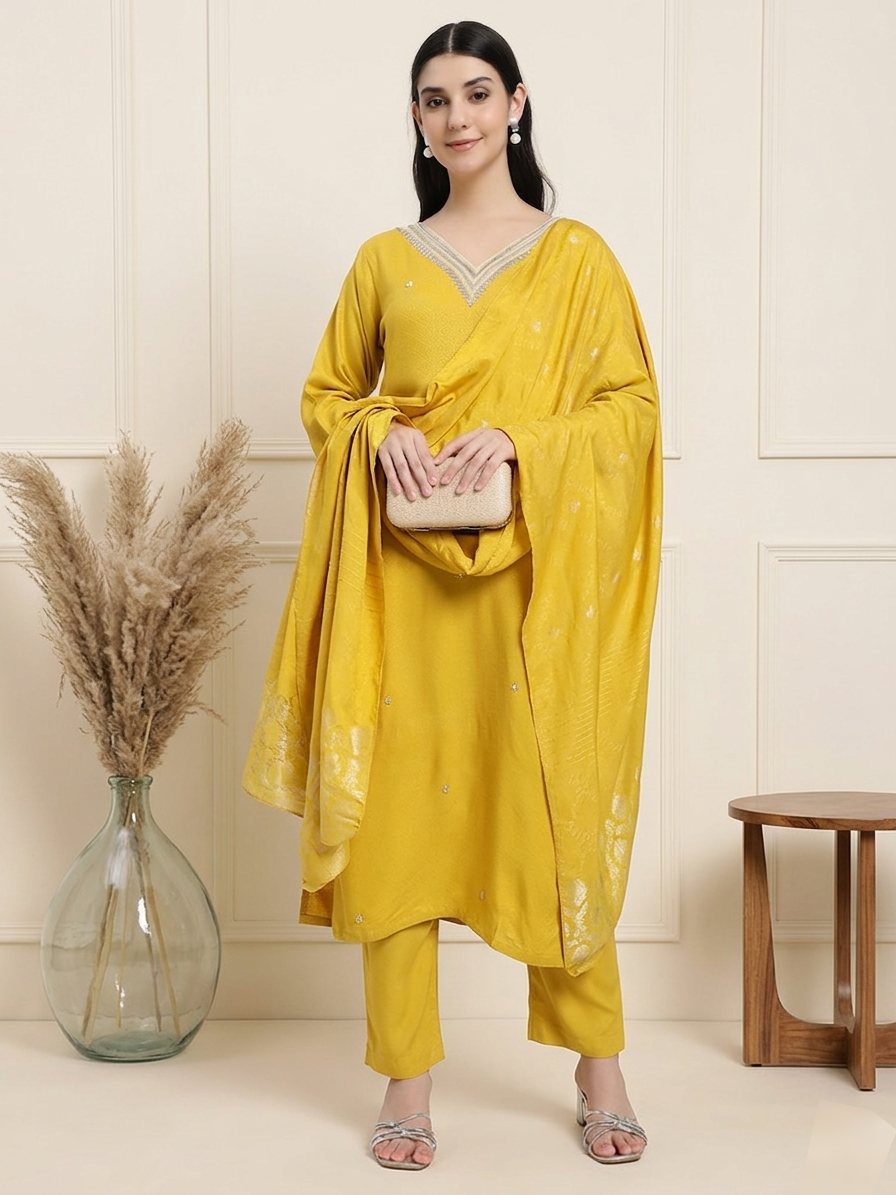 Mustard Yellow Embellished Kurta Set with Dupatta