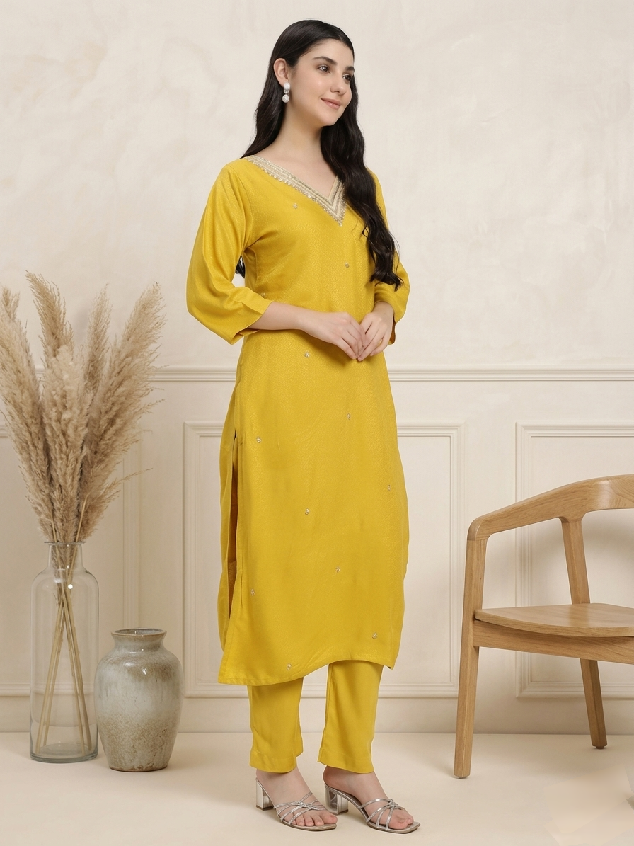 Mustard Yellow Embellished Kurta Set with Dupatta