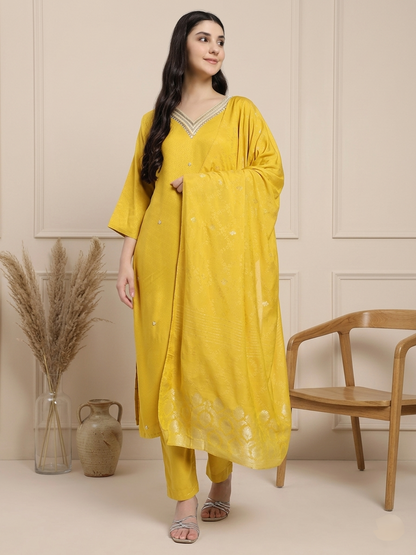 Mustard Yellow Embellished Kurta Set with Dupatta