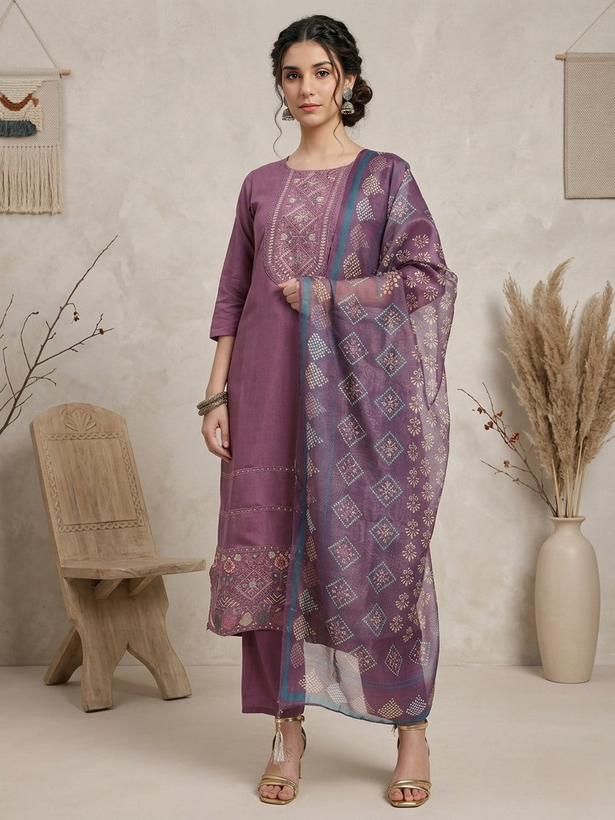 Elegant Purple Embroidered Kurta Set with Printed Dupatta