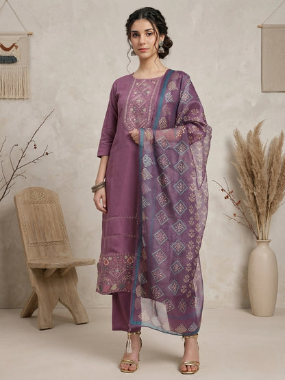 Elegant Purple Embroidered Kurta Set with Printed Dupatta