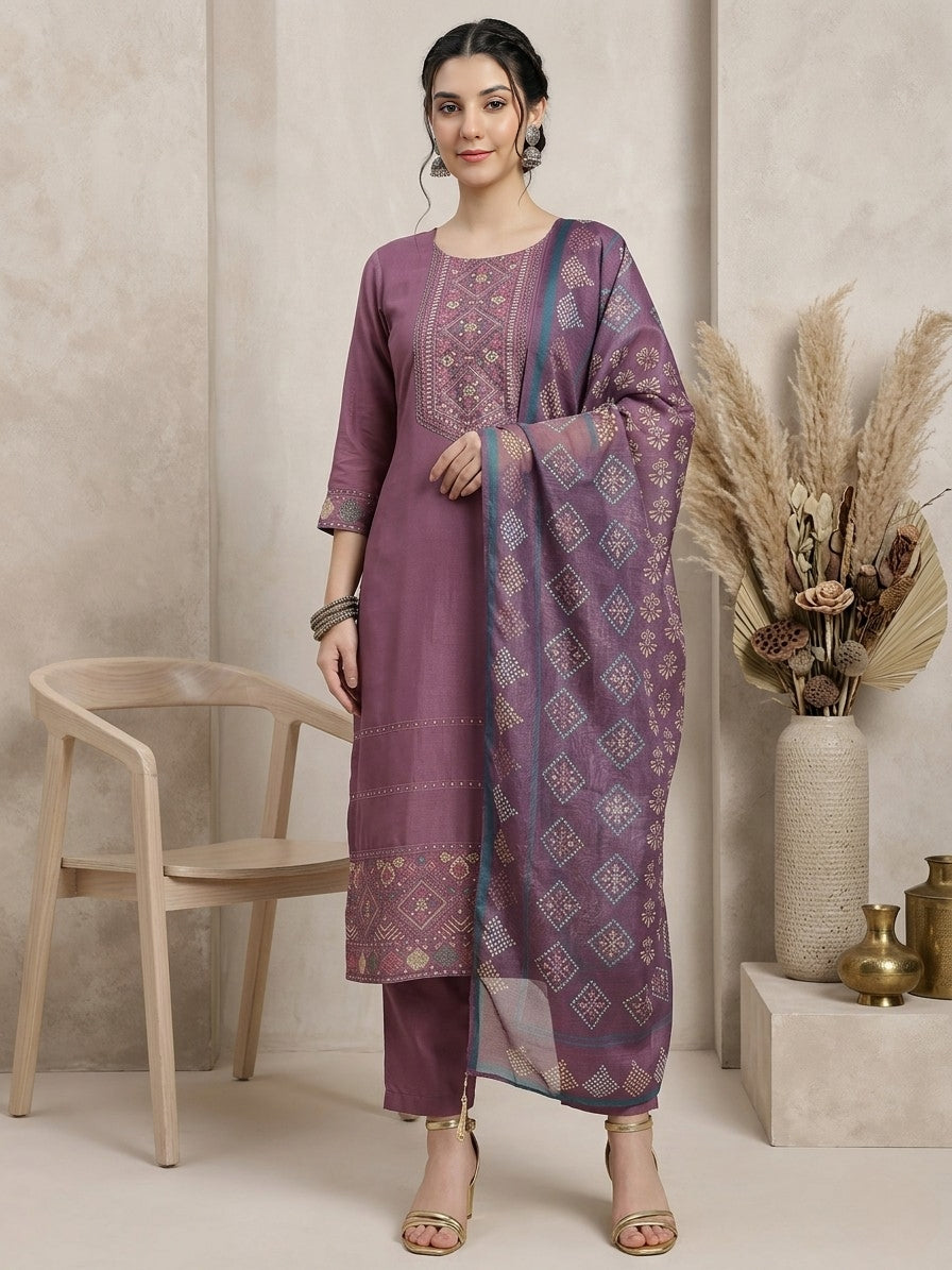 Elegant Purple Embroidered Kurta Set with Printed Dupatta