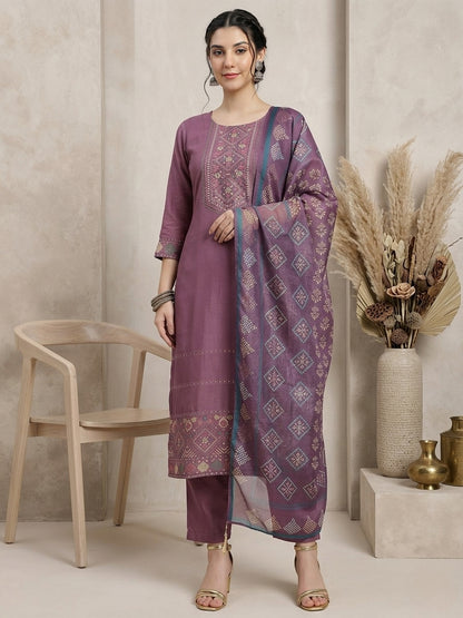 Elegant Purple Embroidered Kurta Set with Printed Dupatta