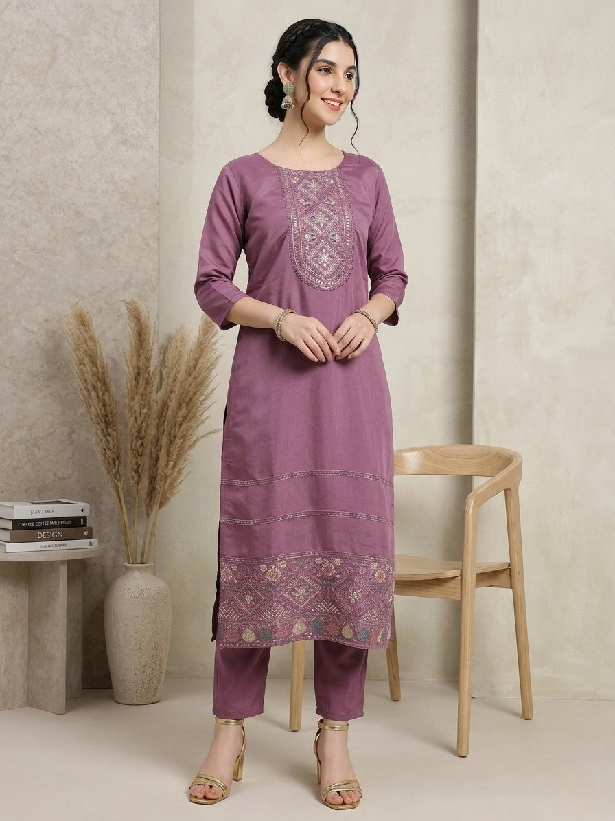 Elegant Purple Embroidered Kurta Set with Printed Dupatta