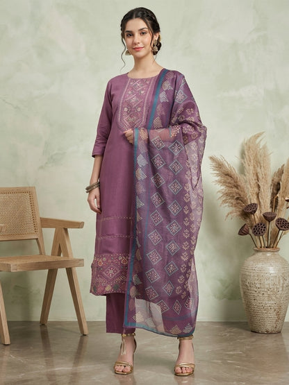 Elegant Purple Embroidered Kurta Set with Printed Dupatta