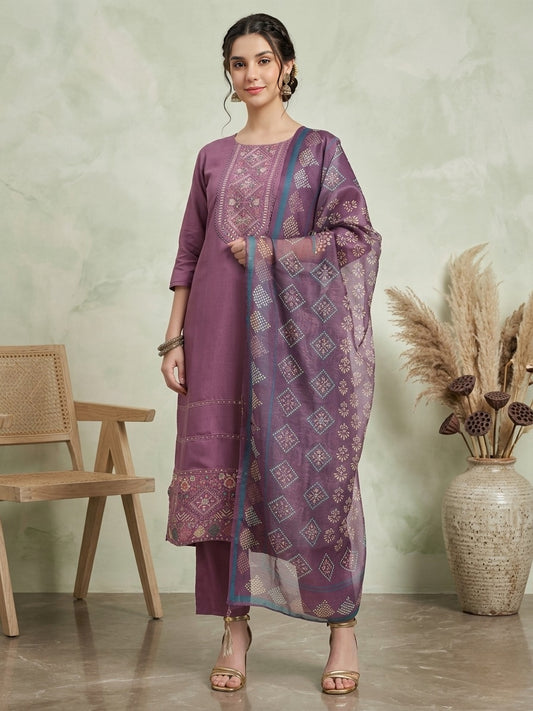 Elegant Purple Embroidered Kurta Set with Printed Dupatta