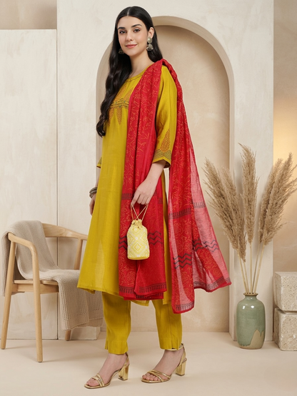 Mustard Yellow Embroidered Kurta Set with Contrasting Red Printed Dupatta