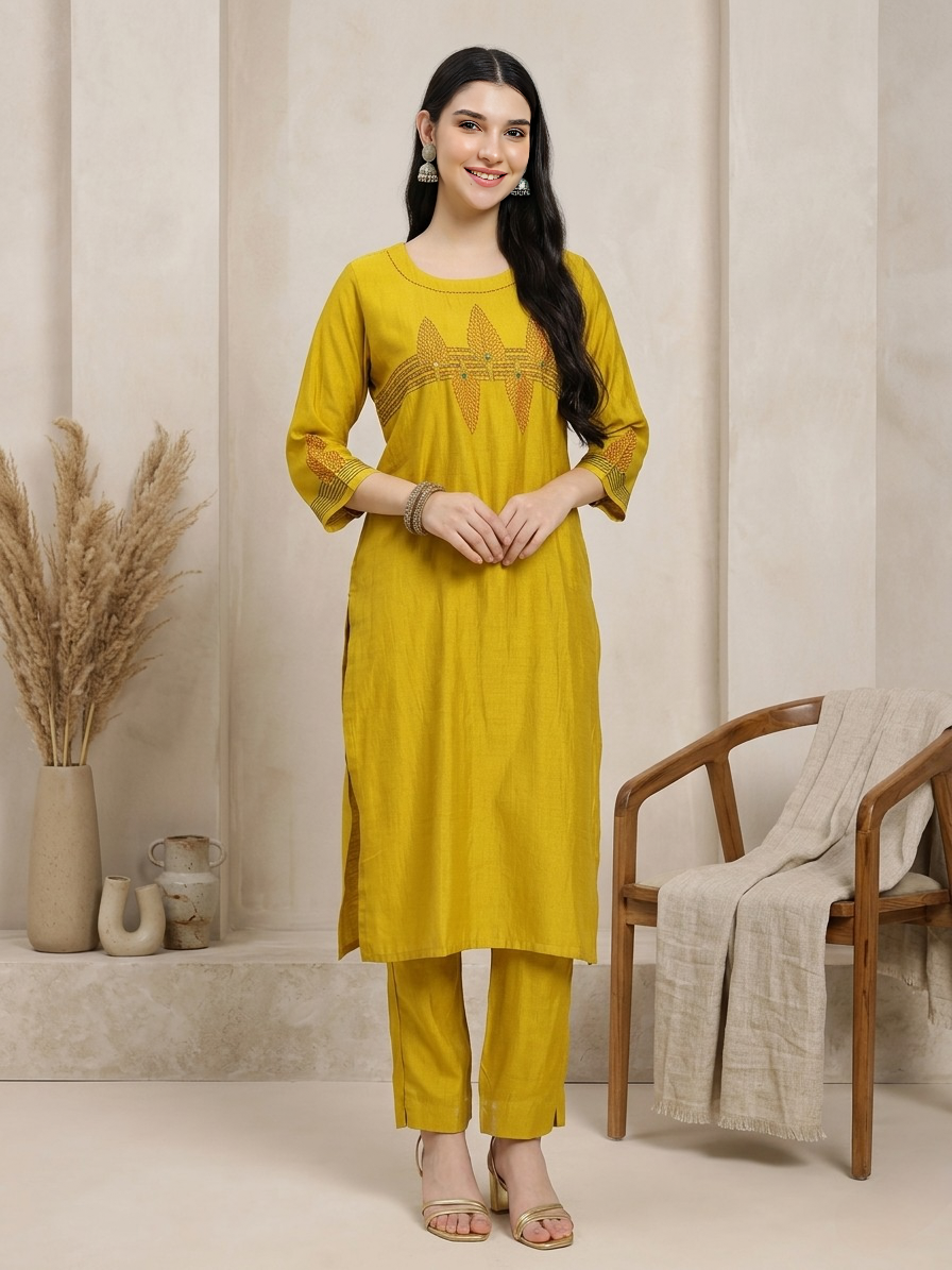 Mustard Yellow Embroidered Kurta Set with Contrasting Red Printed Dupatta