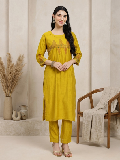 Mustard Yellow Embroidered Kurta Set with Contrasting Red Printed Dupatta