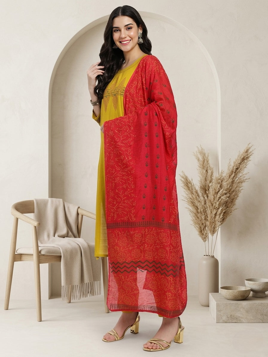 Mustard Yellow Embroidered Kurta Set with Contrasting Red Printed Dupatta