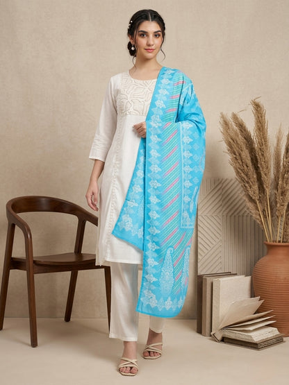White Embroidered Kurta Set with Blue Printed Dupatta