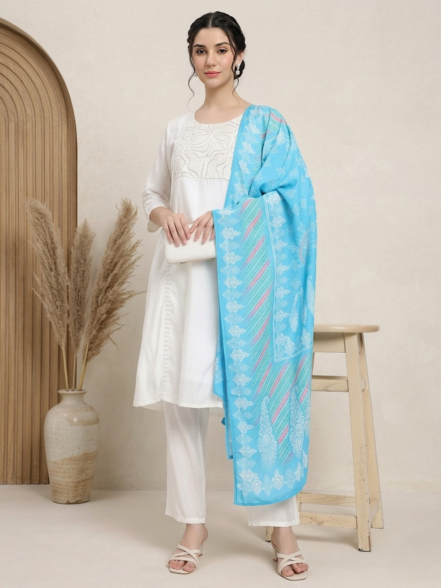 White Embroidered Kurta Set with Blue Printed Dupatta