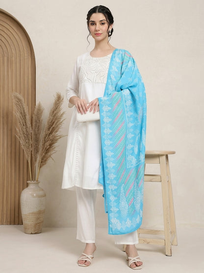 White Embroidered Kurta Set with Blue Printed Dupatta