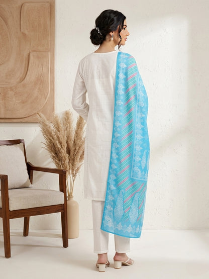 White Embroidered Kurta Set with Blue Printed Dupatta