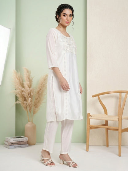 White Embroidered Kurta Set with Blue Printed Dupatta