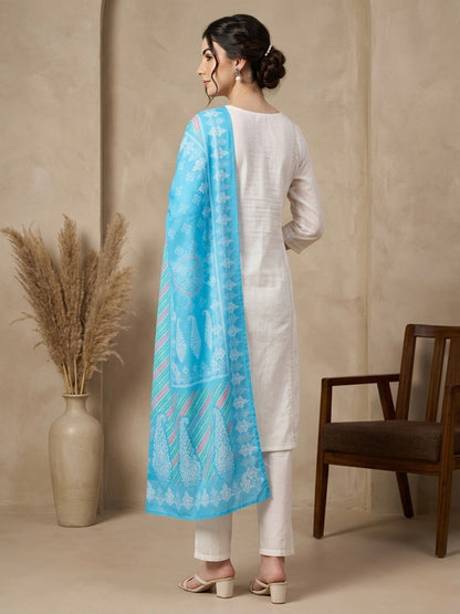 White Embroidered Kurta Set with Blue Printed Dupatta
