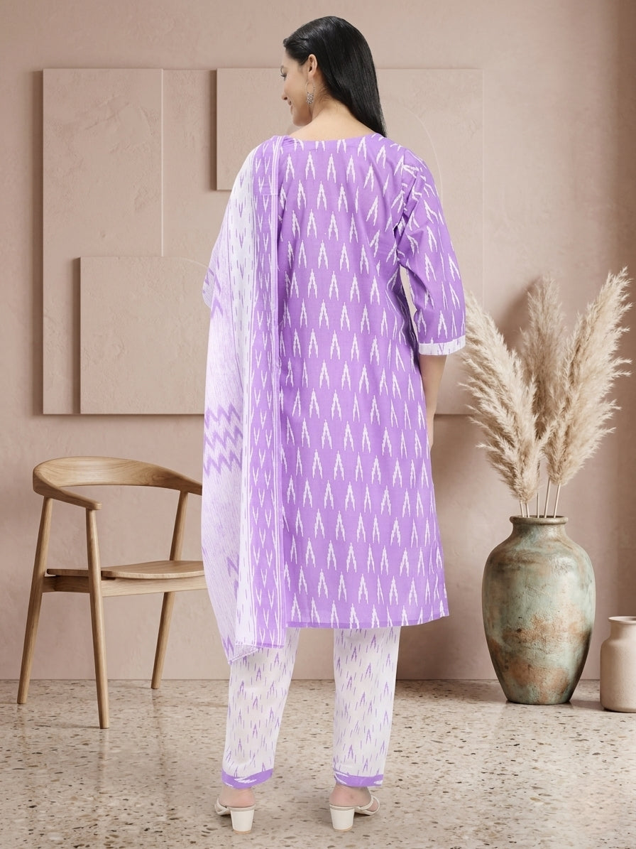 Lavender & White Cotton Ikat Printed Suit Set