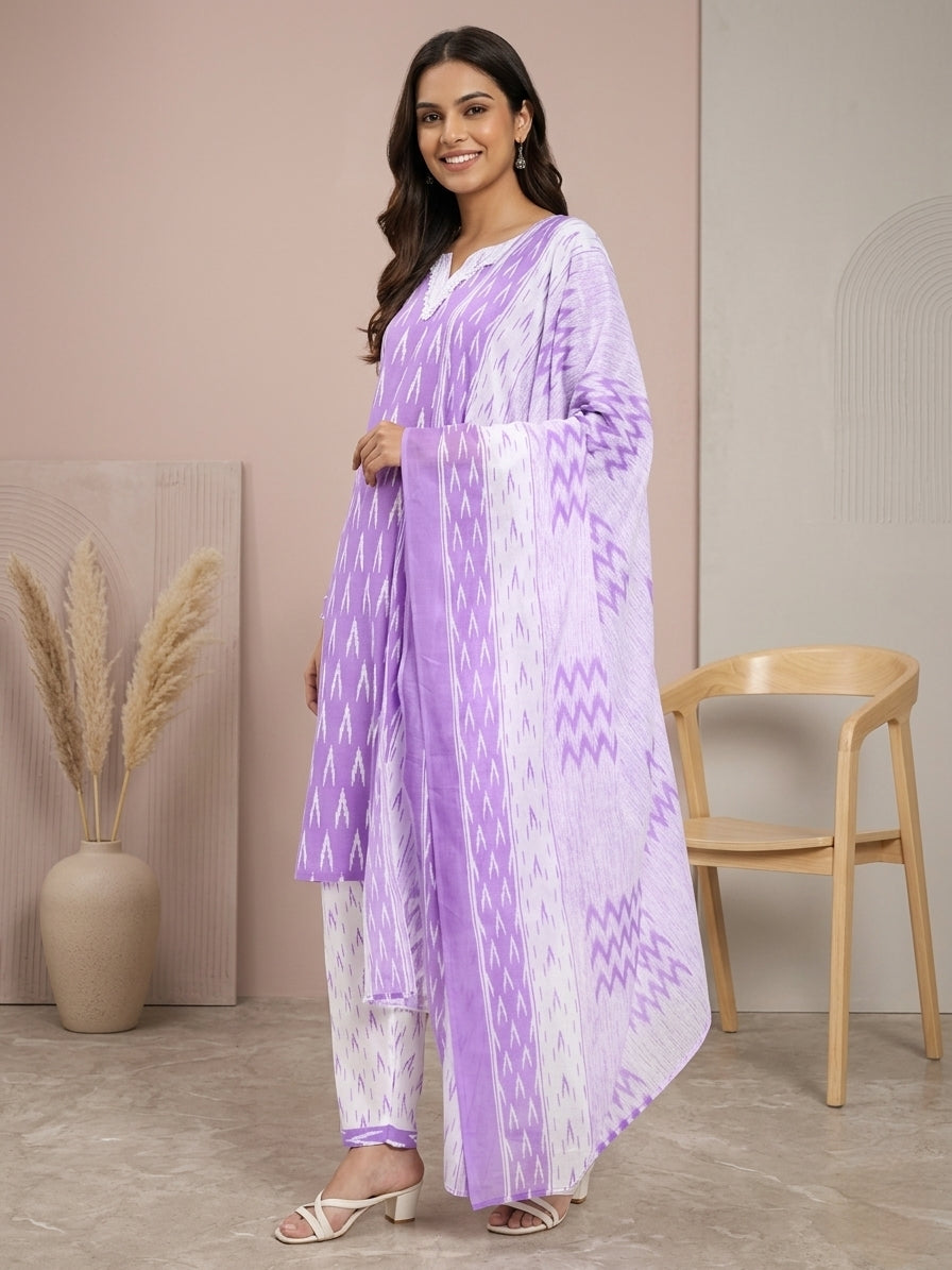 Lavender & White Cotton Ikat Printed Suit Set