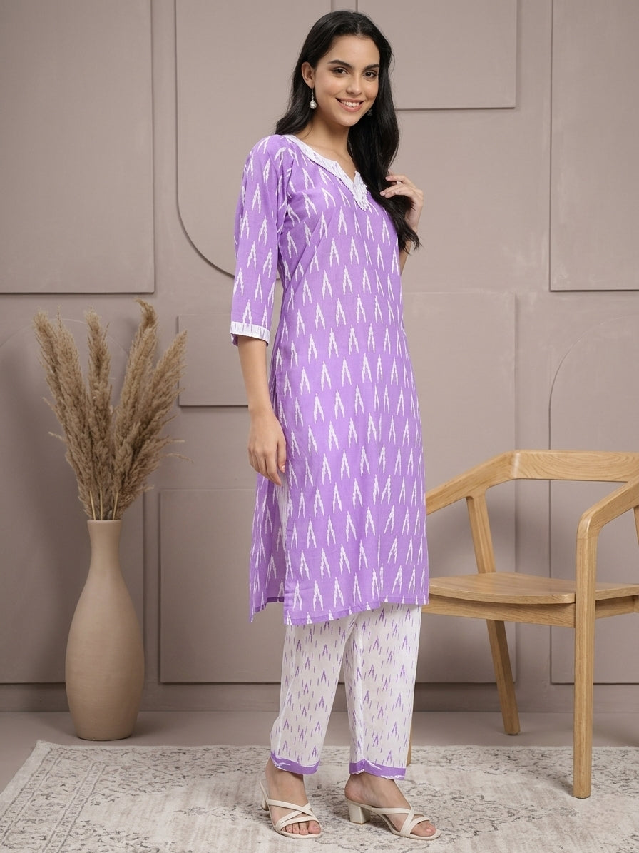 Lavender & White Cotton Ikat Printed Suit Set