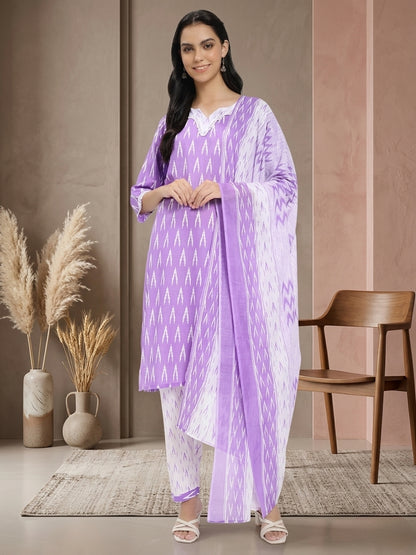 Lavender & White Cotton Ikat Printed Suit Set