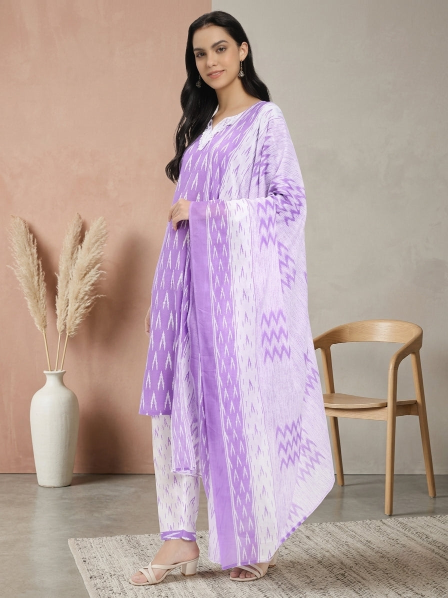 Lavender & White Cotton Ikat Printed Suit Set