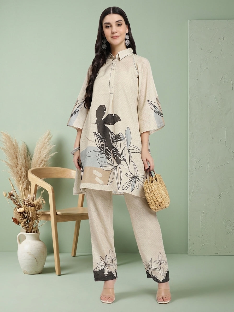 Beige Printed Co-ord Set with Abstract Floral Design