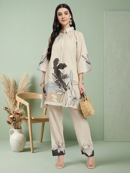 Beige Printed Co-ord Set with Abstract Floral Design