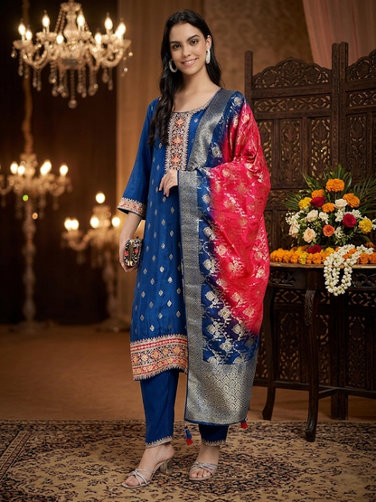 Royal Blue Roman Silk Kurta Pant with Banarasi Dupatta Set