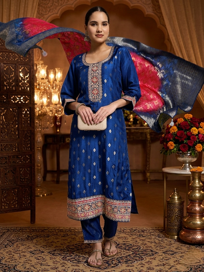 Royal Blue Roman Silk Kurta Pant with Banarasi Dupatta Set