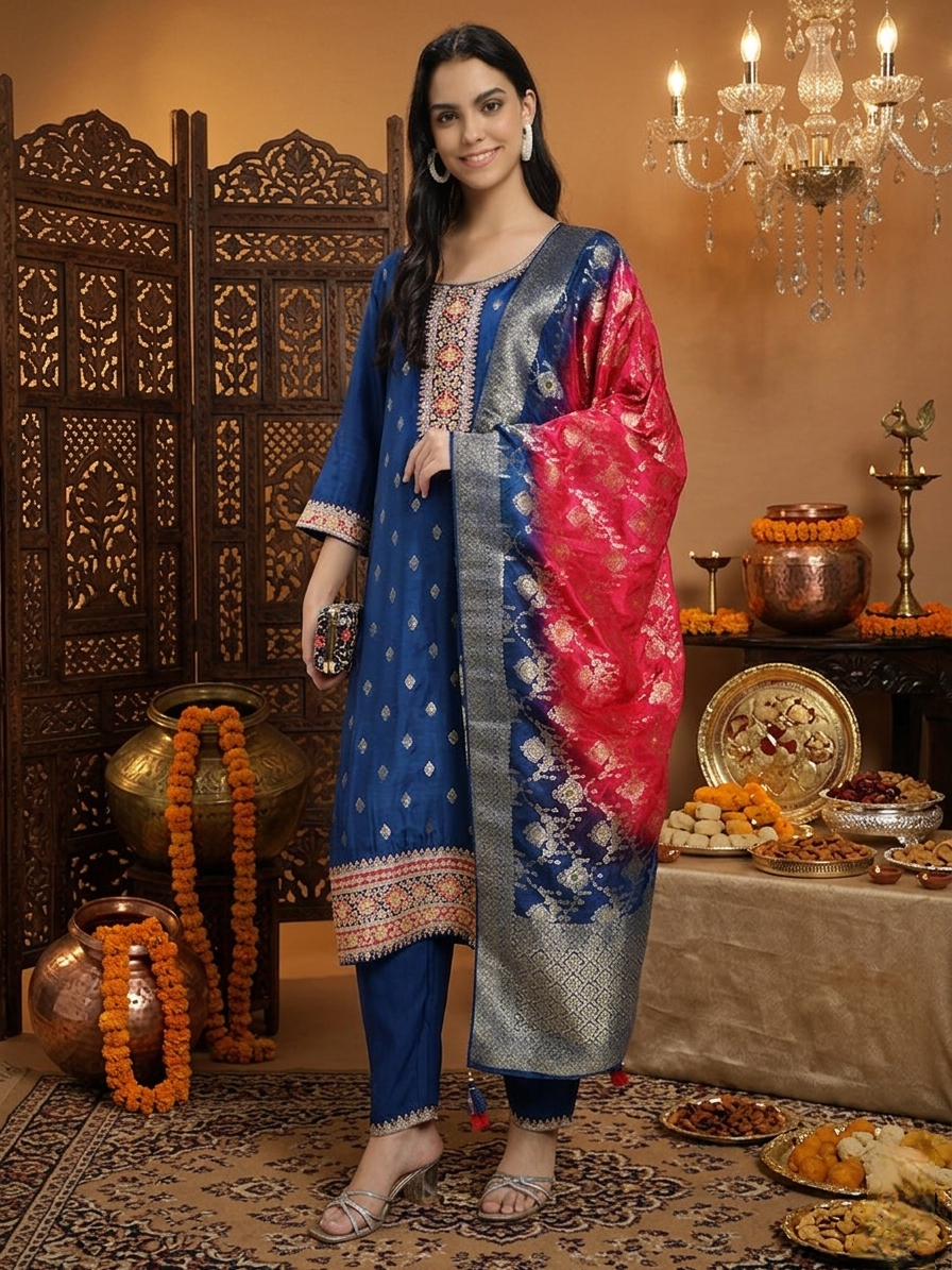 Royal Blue Roman Silk Kurta Pant with Banarasi Dupatta Set