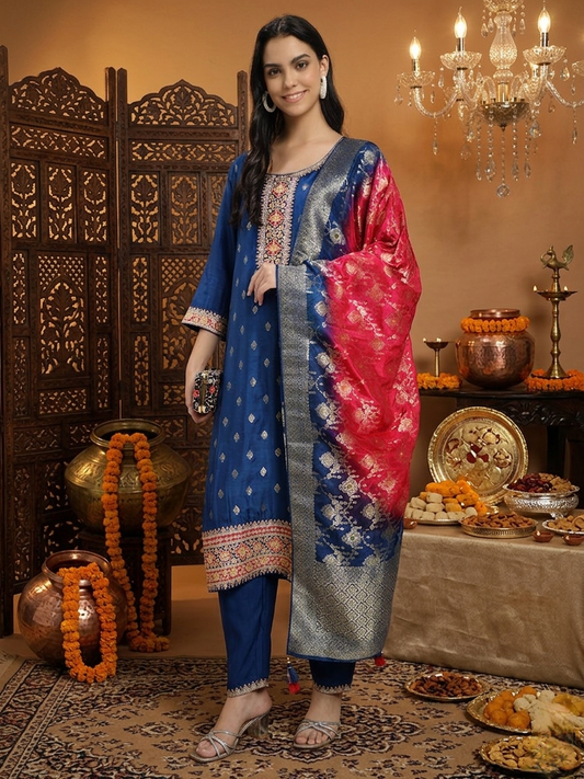 Royal Blue Roman Silk Kurta Pant with Banarasi Dupatta Set