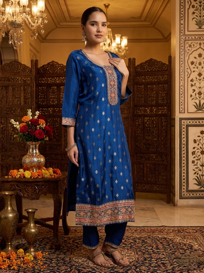 Royal Blue Roman Silk Kurta Pant with Banarasi Dupatta Set