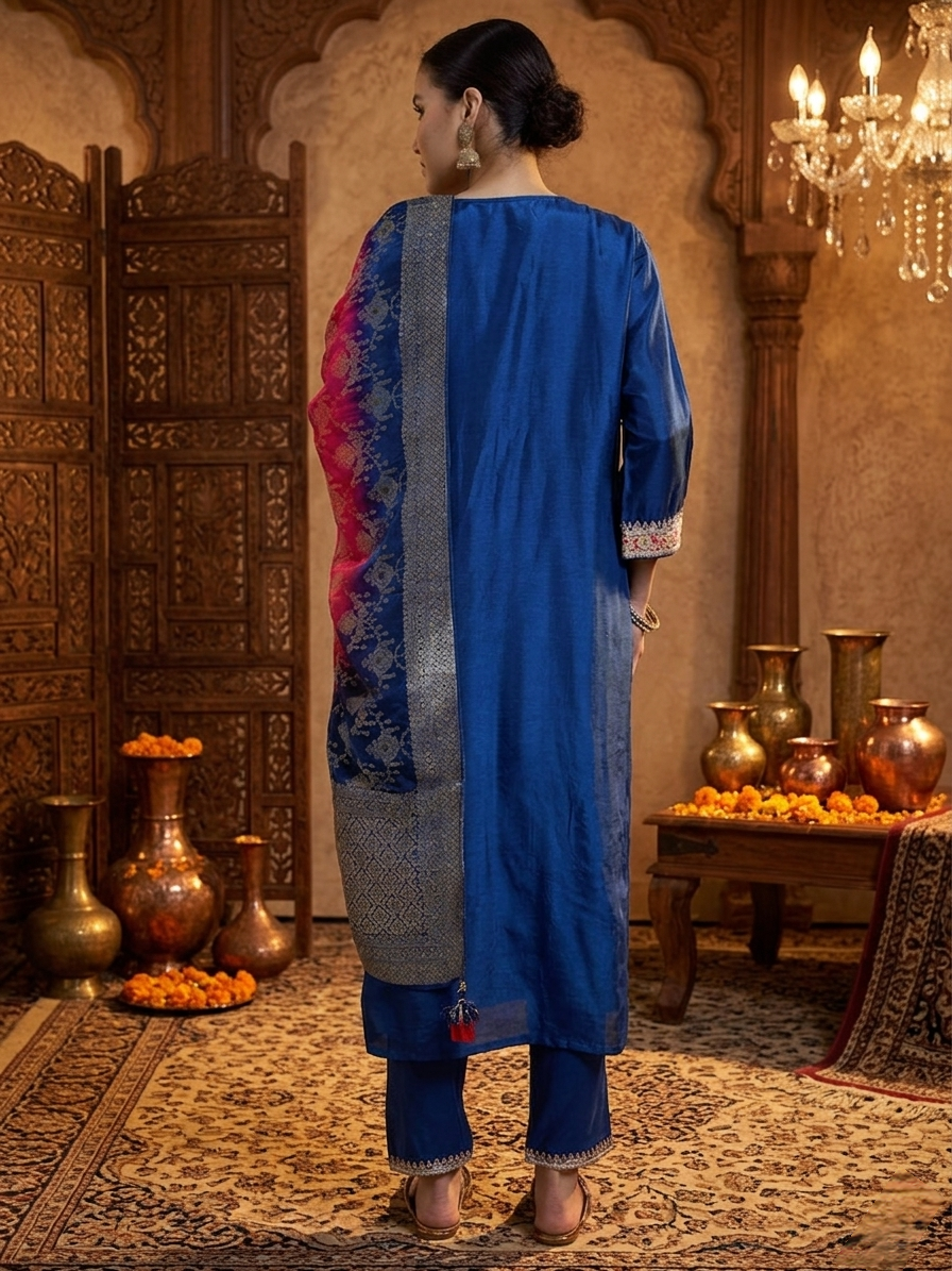 Royal Blue Roman Silk Kurta Pant with Banarasi Dupatta Set
