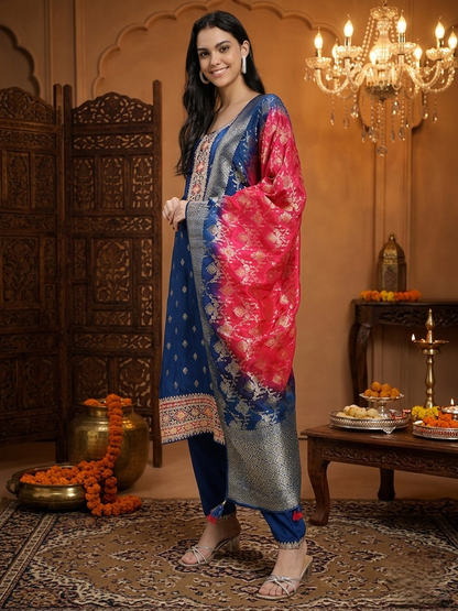Royal Blue Roman Silk Kurta Pant with Banarasi Dupatta Set