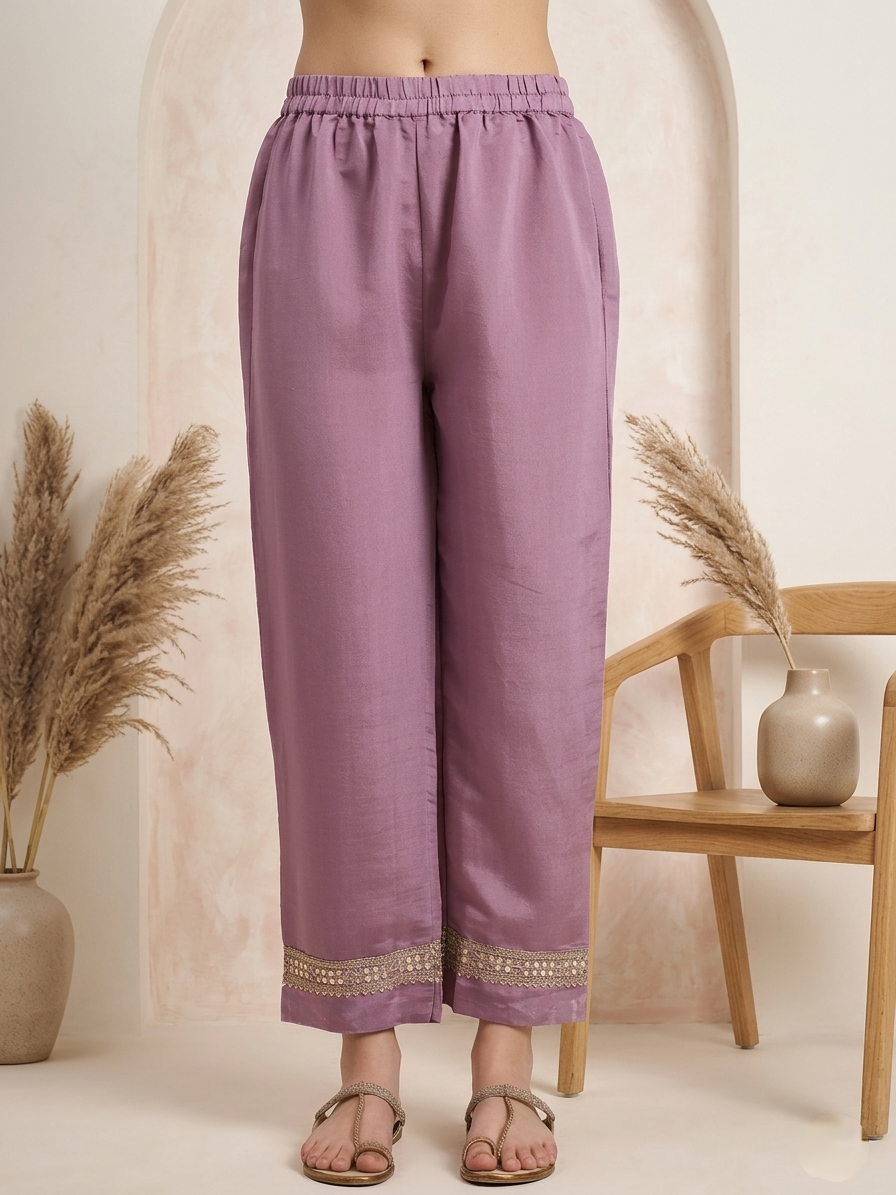 Lavender Kurta Set with Embroidered Trousers and Printed Dupatta