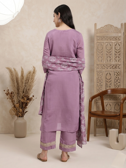Lavender Kurta Set with Embroidered Trousers and Printed Dupatta
