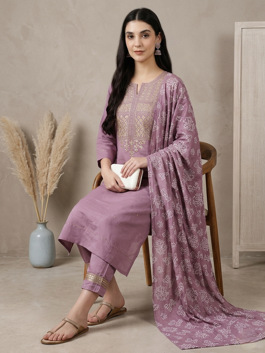 Lavender Kurta Set with Embroidered Trousers and Printed Dupatta