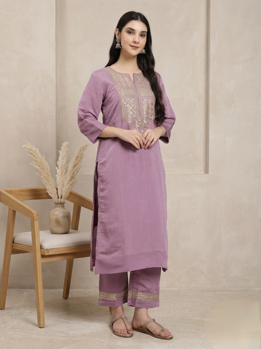 Lavender Kurta Set with Embroidered Trousers and Printed Dupatta