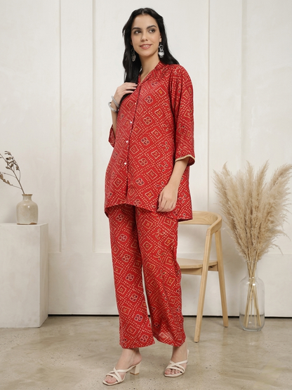 Red Printed Co-ord Set with Shirt Collar & Wide-Leg Pants