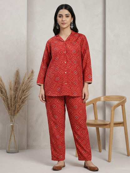 Red Printed Co-ord Set with Shirt Collar & Wide-Leg Pants